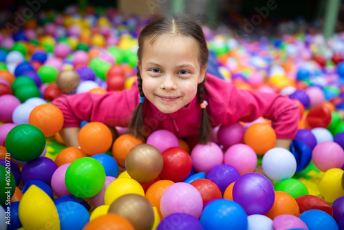 Little smiling girl having fun with balls in amusement center for kids