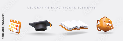 Set of decorative educational elements. Realistic images of calendar, graduated hat, open book, backpack. 3D illustration with shadows. Student accessories