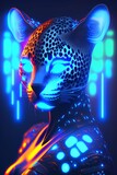 Cyberpunk with blue neon luminous eye - Leopard - generative ai