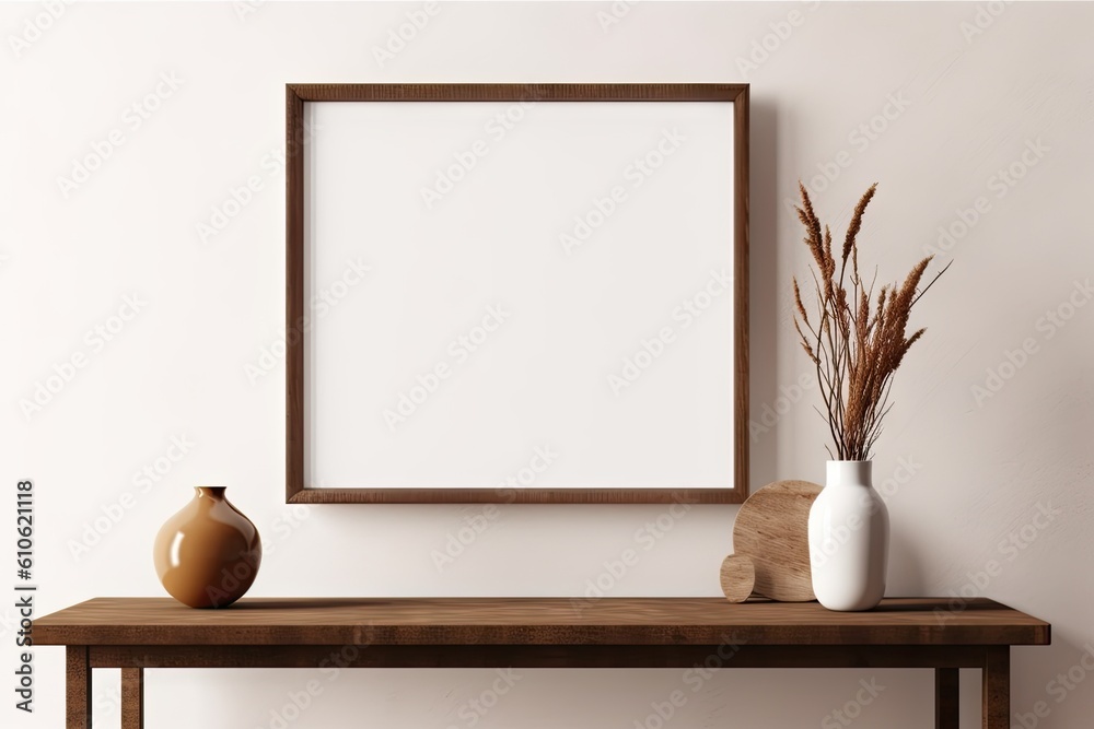 Modern Wooden Table with Empty White Picture Frames. Blank Mockup for Home Decor. Interior Design Background with Copy Space Modern Wooden Table with Empty White Picture Frames. Blank Mockup for Home Decor. Interior Design Background with Copy Space