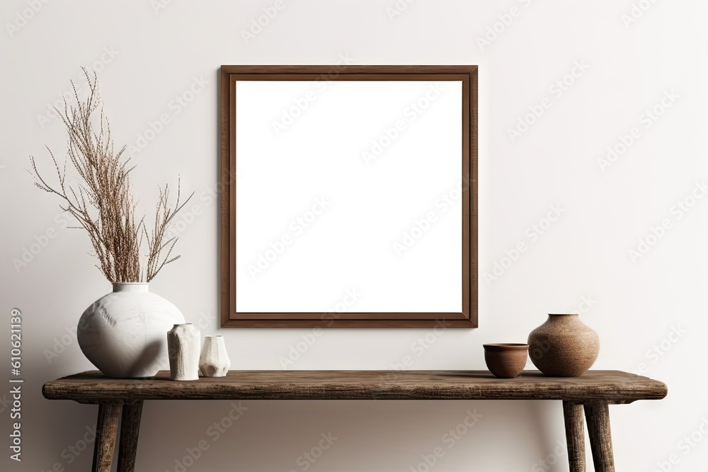 Modern Wooden Table with Empty White Picture Frames. Blank Mockup for Home Decor. Interior Design Background with Copy Space Modern Wooden Table with Empty White Picture Frames. Blank Mockup for Home Decor. Interior Design Background with Copy Space