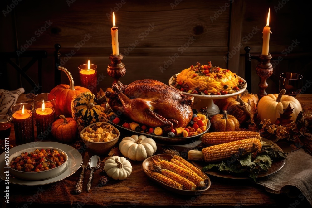 Thanksgiving Turkey Dinner on table, AI Generative