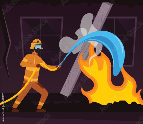person with a burning extinguisher, illustration of a burning fire