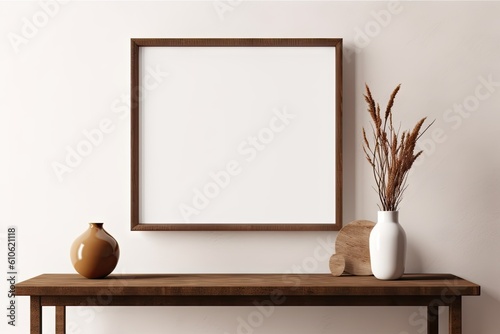 Modern Wooden Table with Empty White Picture Frames. Blank Mockup for Home Decor. Interior Design Background with Copy Space
