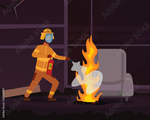 illustration of a person with a burning extinguisher fire in the night