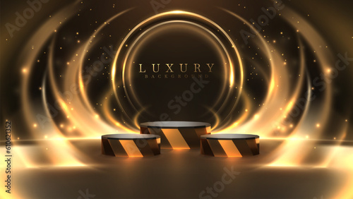 Golden podium for showing products and light ray effect motion elements around and bokeh decorations on dark scene, Black luxury background.