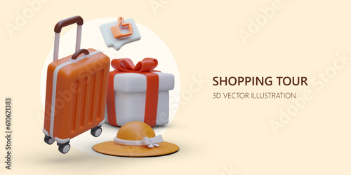 Shopping tours in popular destinations. Trip to another country for shopping. Purchase of original products at low prices. Fashion shows. Advertising poster with 3D luggage, gift box, fashionable hat