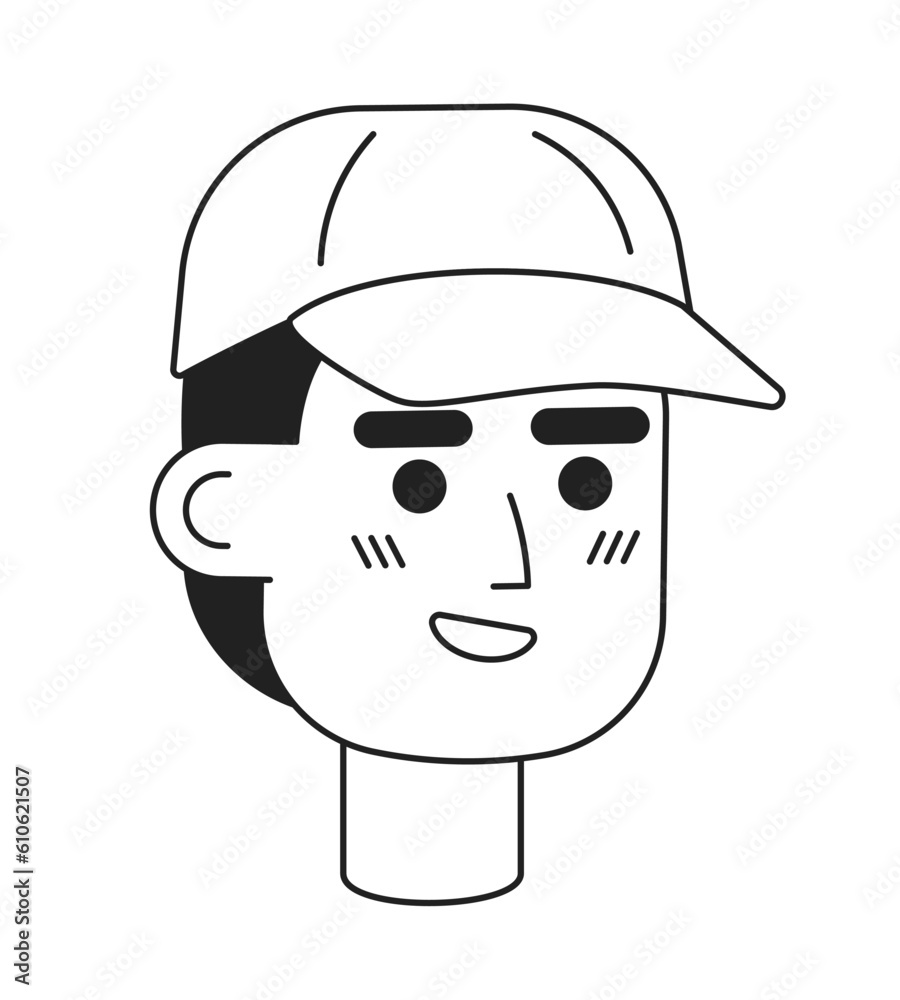 Baseball cap man smiling monochrome flat linear character head. Sporty male. Happy athlete. Editable outline hand drawn human face icon. 2D cartoon spot vector avatar illustration for animation Baseball cap man smiling monochrome flat linear character head. Sporty male. Happy athlete. Editable outline hand drawn human face icon. 2D cartoon spot vector avatar illustration for animation