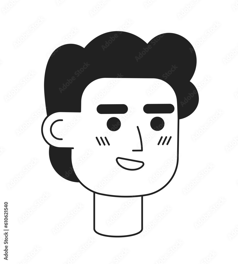 Curly hair caucasian man with bright smile monochrome flat linear character head. Casual guy. Editable outline hand drawn human face icon. 2D cartoon spot vector avatar illustration for animation Curly hair caucasian man with bright smile monochrome flat linear character head. Casual guy. Editable outline hand drawn human face icon. 2D cartoon spot vector avatar illustration for animation