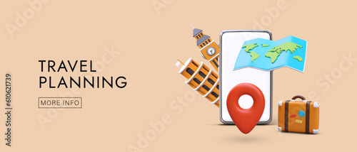 Promo poster for travel company. Realistic mobile phone, map with pin, suitcase and famous landmarks. Web page with text and button more info. Vector illustration with orange background