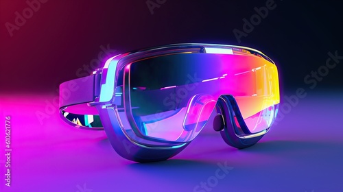Virtual reality vibrant helmet on black background in neon style. VR, future, gadgets, technology concept.