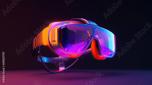 Virtual reality vibrant helmet for gaming on black background in neon style. VR  future  gadgets  technology concept. mobile technology  mobile device