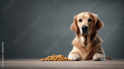 Happy dog with delicious pet food. Generative AI