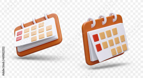 Set of 3D tear off calendars in cartoon style. Equipment for time management. Planning for week, month, year. Formation of work and study schedule. Color isolated image with shadows