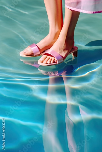 Female feet in summer shoes standing in the pool water. Summer concept. Generated AI.
