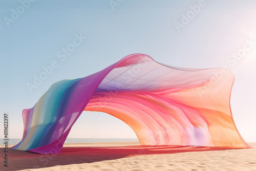 Abstract futuristic neon colored sun shade on the beach with sand. Silky material, rainbow neon pastel colors, wind, summer, sun, sun rays. Generated AI. Generated AI.