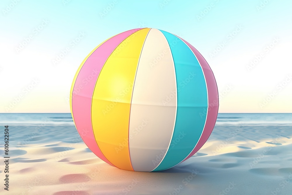 Colorful rubber ball in a luxurious house on the beach with sand. Summer time concept. Generated AI.