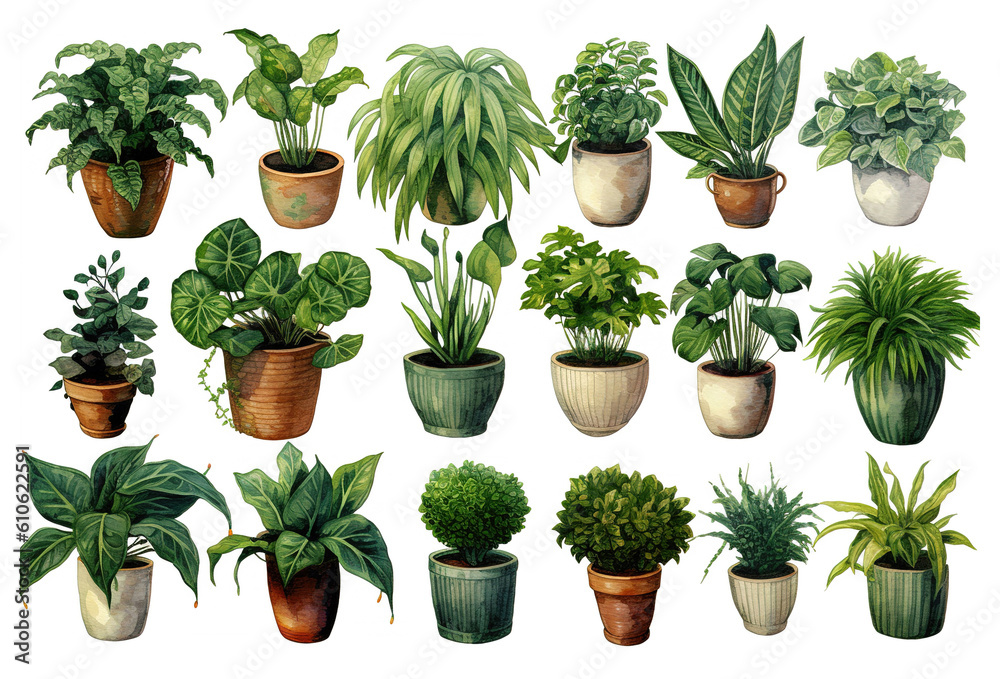 set of flowers in pots isolated on white background. Generated by AI. set of flowers in pots isolated on white background. Generated by AI.