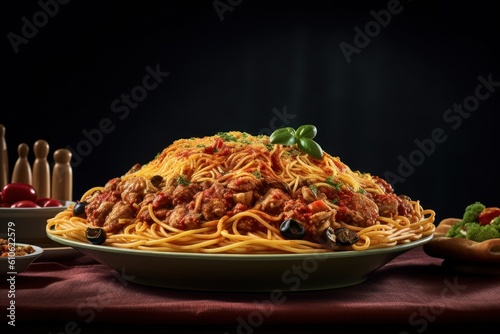 huge portion of a spagetti on a enormous plate, ai tools generated image