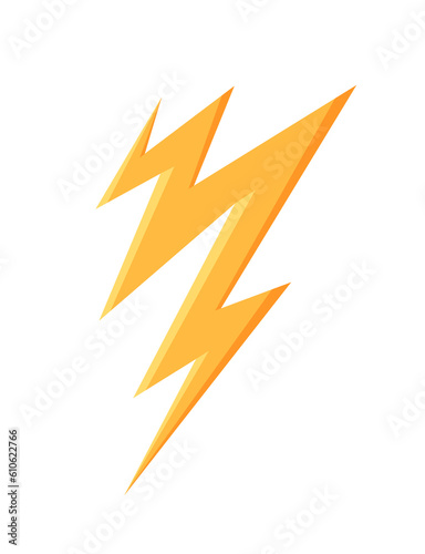 Yellow lightning icon concept. Thunderbolt and storm, wireless voltage. Electricity and power. Charge, shock and light. Poster or banner. Cartoon flat vector illustration isolated on white background