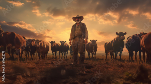 an old farmer standing in the field with a herd of cows as a background, ai tools generated image
