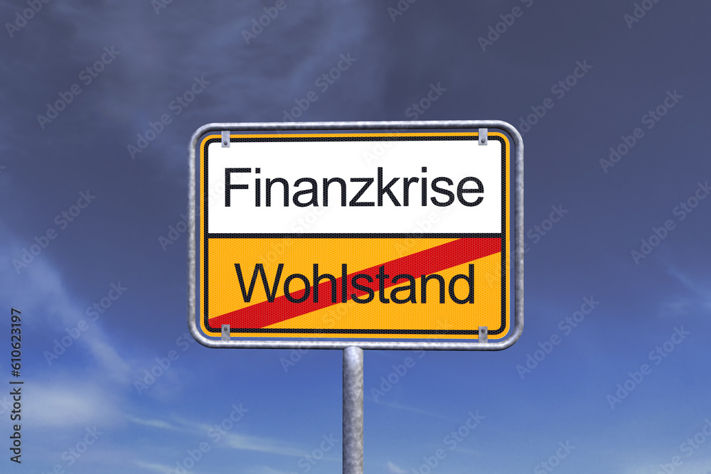 Illustration - Ortsschild - Ortstafel - Finanzkrise - Wohlstand - Himmel - Wolken Illustration - Ortsschild - Ortstafel - Finanzkrise - Wohlstand - Himmel - Wolken