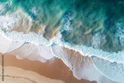 Ocean waves on the beach as a background, Beautiful natural summer vacation holidays background, Aerial top down view of beach and sea with blue water © alisaaa