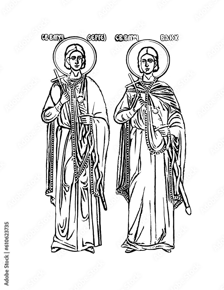 Sergius (Serge) and Saint Varus. Coloring page in Byzantine style on white background