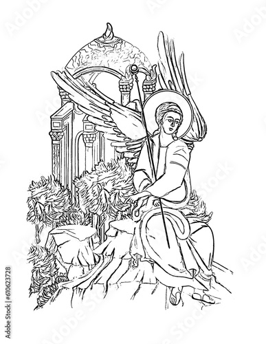 White Angel. Coloring page in Byzantine style on white background