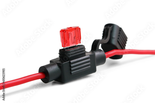 Direct Current Mini Fuse with Fuse Holder on white background close-up view