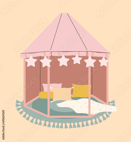 Nursery room home hut concept. Comfort and coziness. Furniture with carpet and pillows. Element and decor in playroom. Rest and relax. Cartoon flat vector illustration isolated on beige background