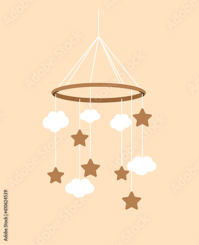 Nursery room stars toy concept. Comfort and coziness. Accessory on suspension bracket for kids bed. Clouds and starry sky, space bodies. Cartoon flat vector illustration isolated on beige background