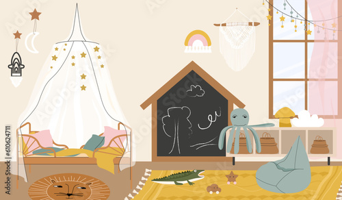 Nursery room interior concept. Playroom with chalkboard and toys, crib. Comfort and coziness in apartment or home. Toys on pendant, decoration, handmade macrame. Cartoon flat vector illustration