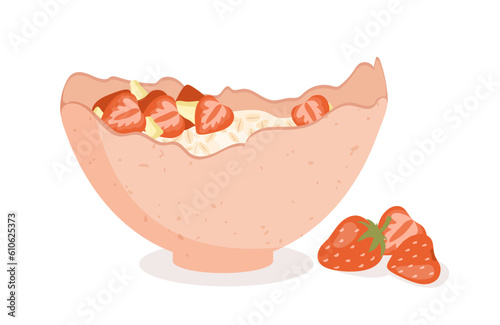 Plate of oatmeal with strawberry concept. Milk porridge with juicy berries. Traditional morning breakfast, healthy eating with vitamins. Tasty vegetarian food. Cartoon flat vector illustration