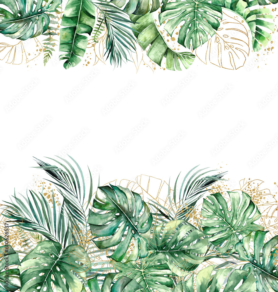 Border made with green and golden watercolor tropical leaves, isolated wedding illustration