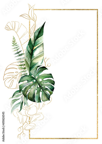 Frame made with green and golden watercolor tropical leaves  isolated wedding illustration