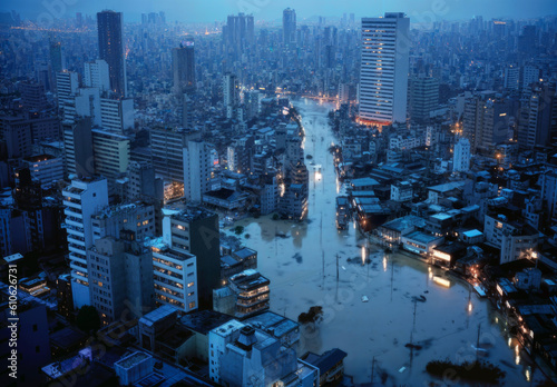 Tablou canvas 水害で荒れた架空の都市、生成AI