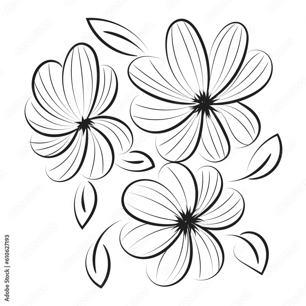 Obraz premium Flowers and leaves outline for print. Bouquet of hand-drawn spring flowers and plants