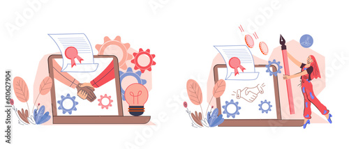 Signing contracts, conclusion of a cooperation agreement and settlements using an Internet apps and business platform. Set of banners for website and social media on topic of doing business online.