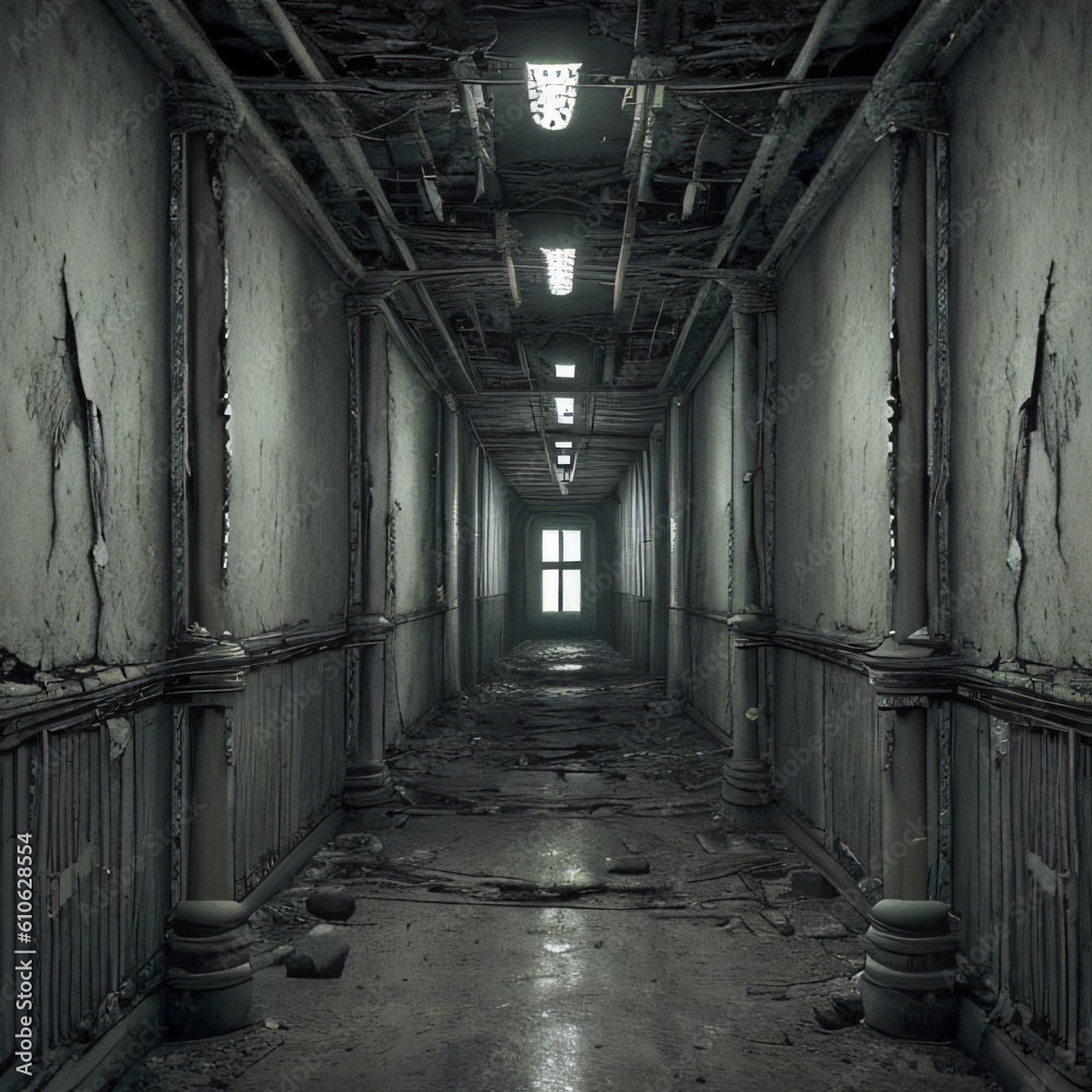 old abandoned building, corridor with rooms, giving eerie, creepy vibes, cracks on wall, haunted mansion, high quality images good for story telling,  