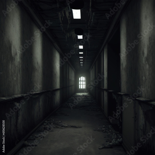 old abandoned building, corridor with rooms, giving eerie, creepy vibes, cracks on wall, haunted mansion, high quality images good for story telling,  