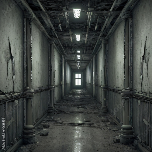 old abandoned building, corridor with rooms, giving eerie, creepy vibes, cracks on wall, haunted mansion, high quality images good for story telling,  