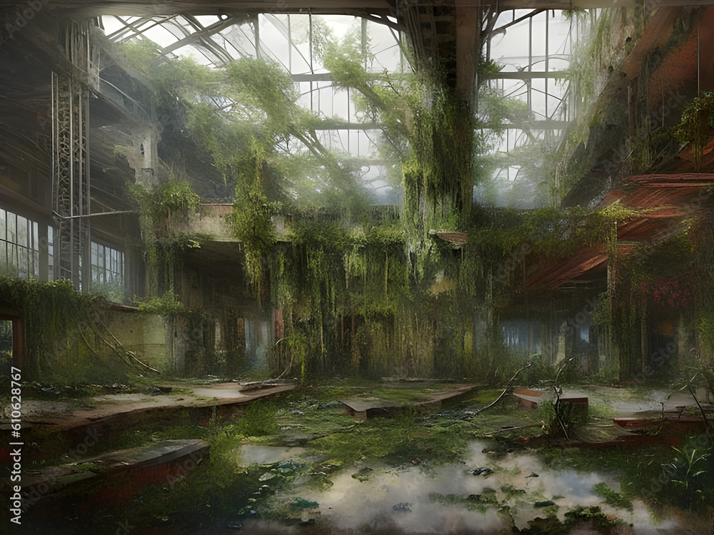 the interior of a large abandoned old industrial building with plants growing up the walls and rubble. generative ai the interior of a large abandoned old industrial building with plants growing up the walls and rubble. generative ai
