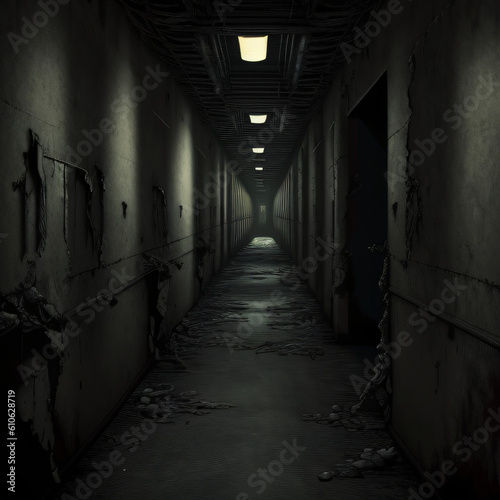 old abandoned building  corridor with rooms  giving eerie  creepy vibes  cracks on wall  haunted mansion  high quality images good for story telling   