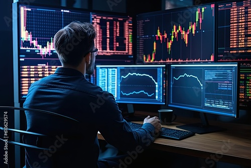 Stock market Investor analyst broker analyzing financial trade crypto stockmarket platform digital chart data on computer screen thinking of investing analytic risk. Over shoulder view - Generative AI