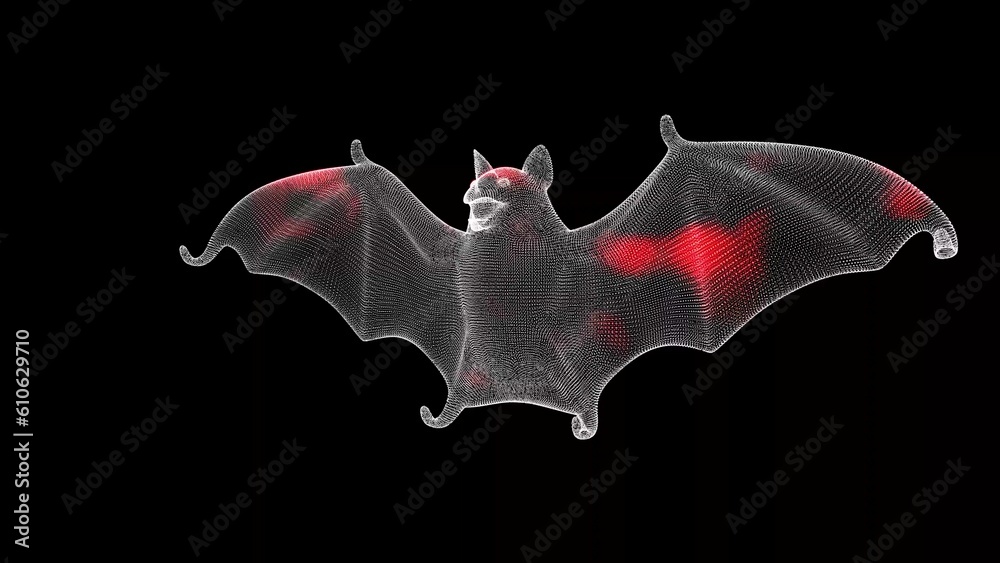 Spread of virus through volumetric bat monochrome on black background. Visual demonstration of virus in the body. Tutorial Video. Science Medical concept. 3D animation.