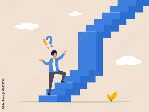 Obstacle or business problem. Challenge to overcome difficulty, think of solution to get pass obstacle to success, failure or trouble concept, businessman walk up stair to find huge difficult step.
