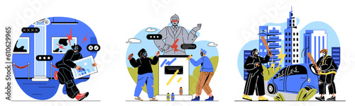 Set of vandals. Men in masks and hoodies decorate monument, steal painting and break car. Stealing and crime. Bandit and gangster. Cartoon flat vector collection isolated on white background