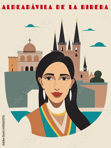 Aldeadávila de la Ribera: Beautiful vintage-styled poster with a woman and the name Aldeadávila de la Ribera in Castille-Leon