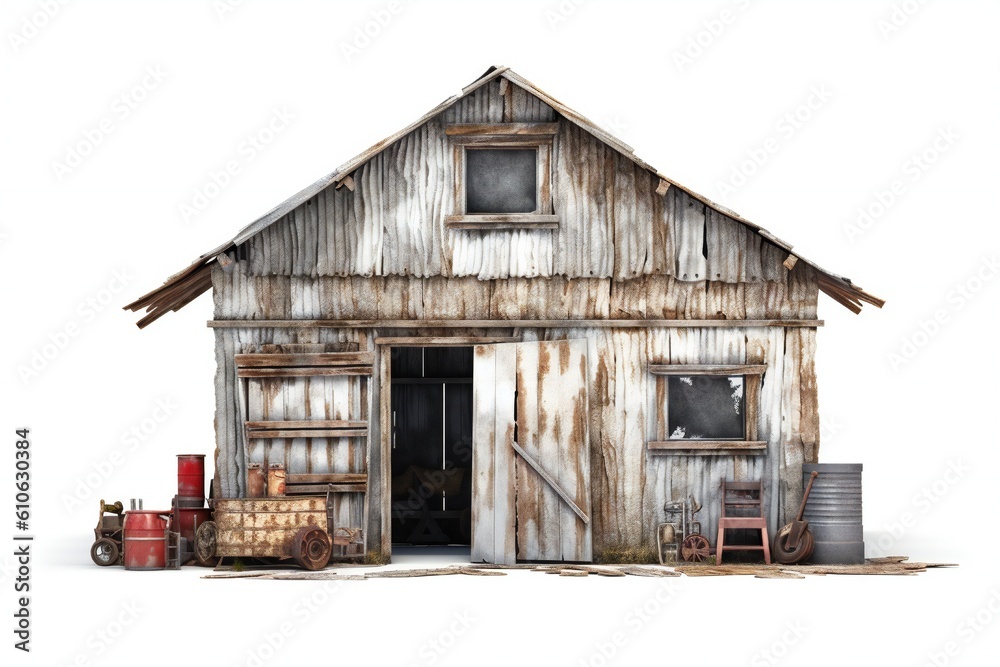 Old rustic garage for car repair on white background Generative AI Old rustic garage for car repair on white background Generative AI